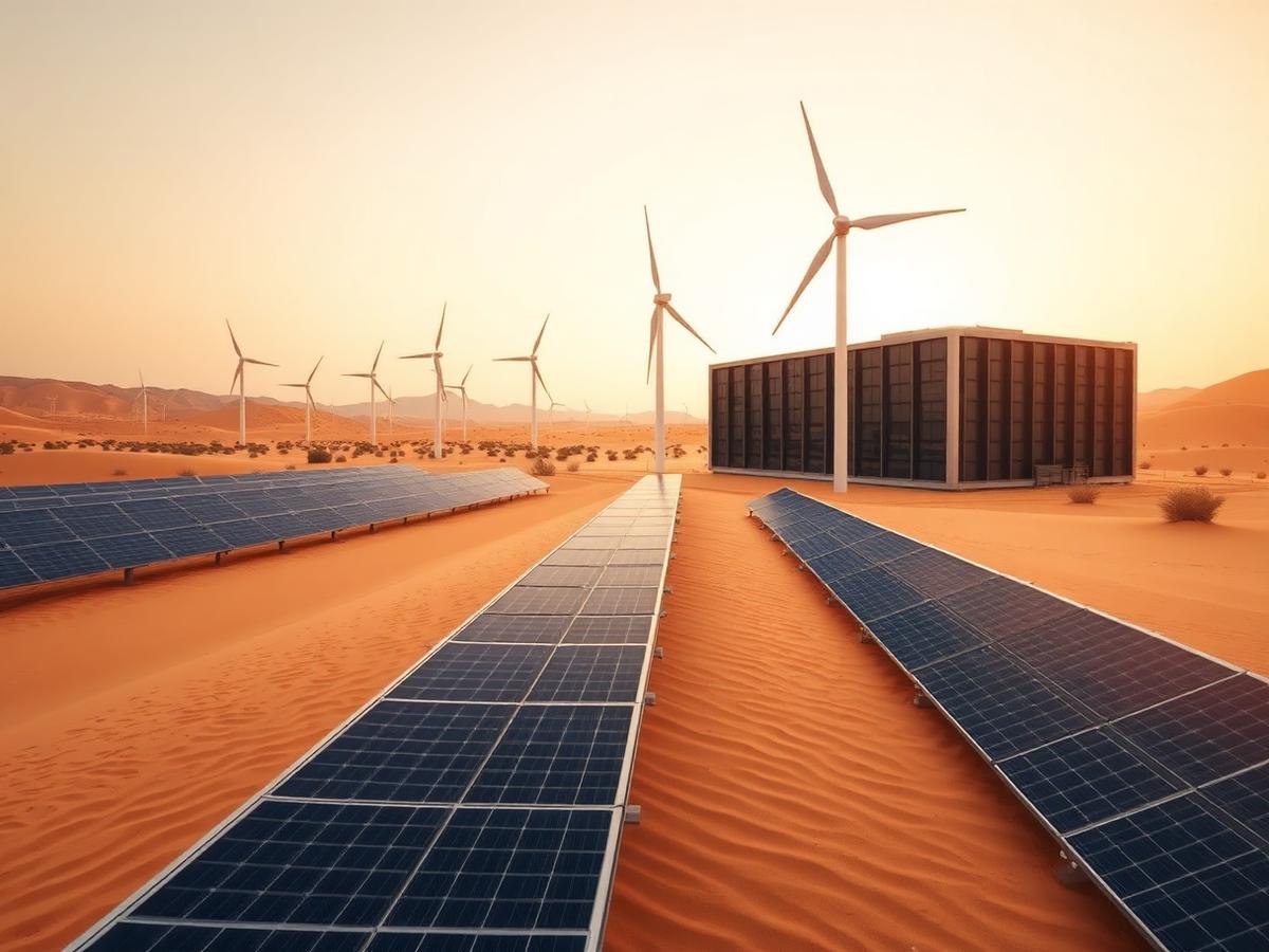 Solar array and wind turbines powering a desert data centre