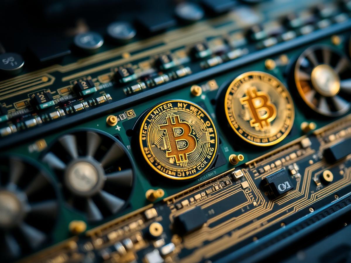 Close-up of a bitcoin mining ASIC board and cooling fans
